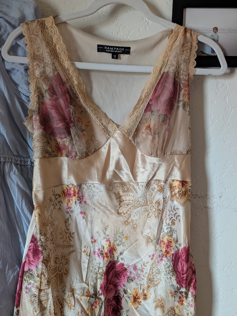 Y2K Rampage Floral Satin Slip Dress in Blush with Rose Print